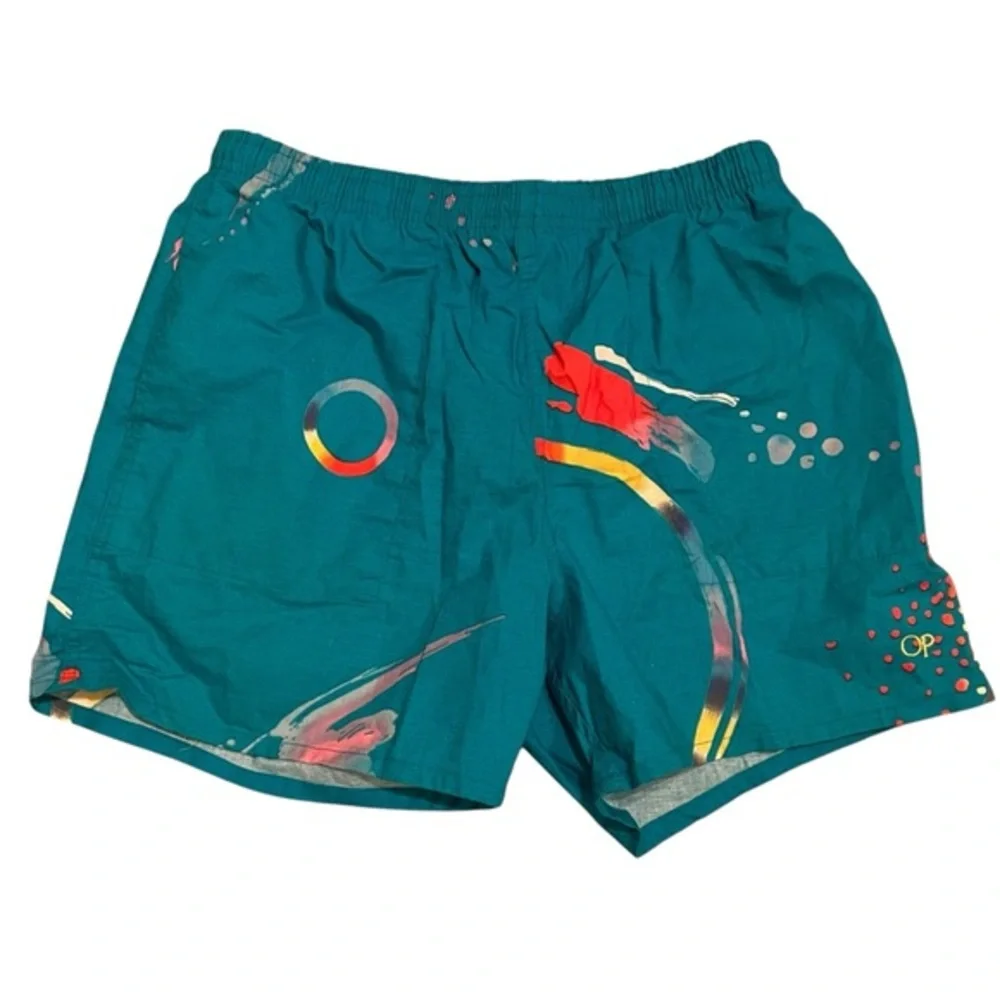 OP Blue Swim Trunks with Elastic Waistband and Aquatic Design